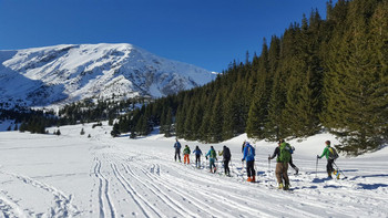 Młodzi skitourowcy w akcji (foto: Małgorzata Czeczott, Magda Herbowska, Monika Strojny, Andrzej Marasek i Wiesław Zawadzki)