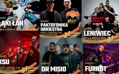 Kolaż zdjęć i grafik zapowiadających koncerty 31. Festiwalu Górskiego w Lądku-Zdroju. Na grafikach widnieją zespoły i artyści: Łąki Łan (sobota, 5 września, 23:00), Paktofonika Orkiestra (piątek, 4 września, 21:00), Leniwiec (piątek, 4 września, 00:20), KSU (sobota, 5 września, 21:00), Dr Misio oraz Furkot.