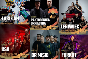 Kolaż zdjęć i grafik zapowiadających koncerty 31. Festiwalu Górskiego w Lądku-Zdroju. Na grafikach widnieją zespoły i artyści: Łąki Łan (sobota, 5 września, 23:00), Paktofonika Orkiestra (piątek, 4 września, 21:00), Leniwiec (piątek, 4 września, 00:20), KSU (sobota, 5 września, 21:00), Dr Misio oraz Furkot.