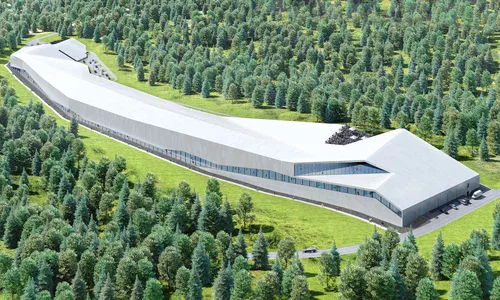 HAla z trasą narciarską w otoczeniu lasu Wizualizacja hali narciarskiej w Babicy / Studio Architektoniczne LA