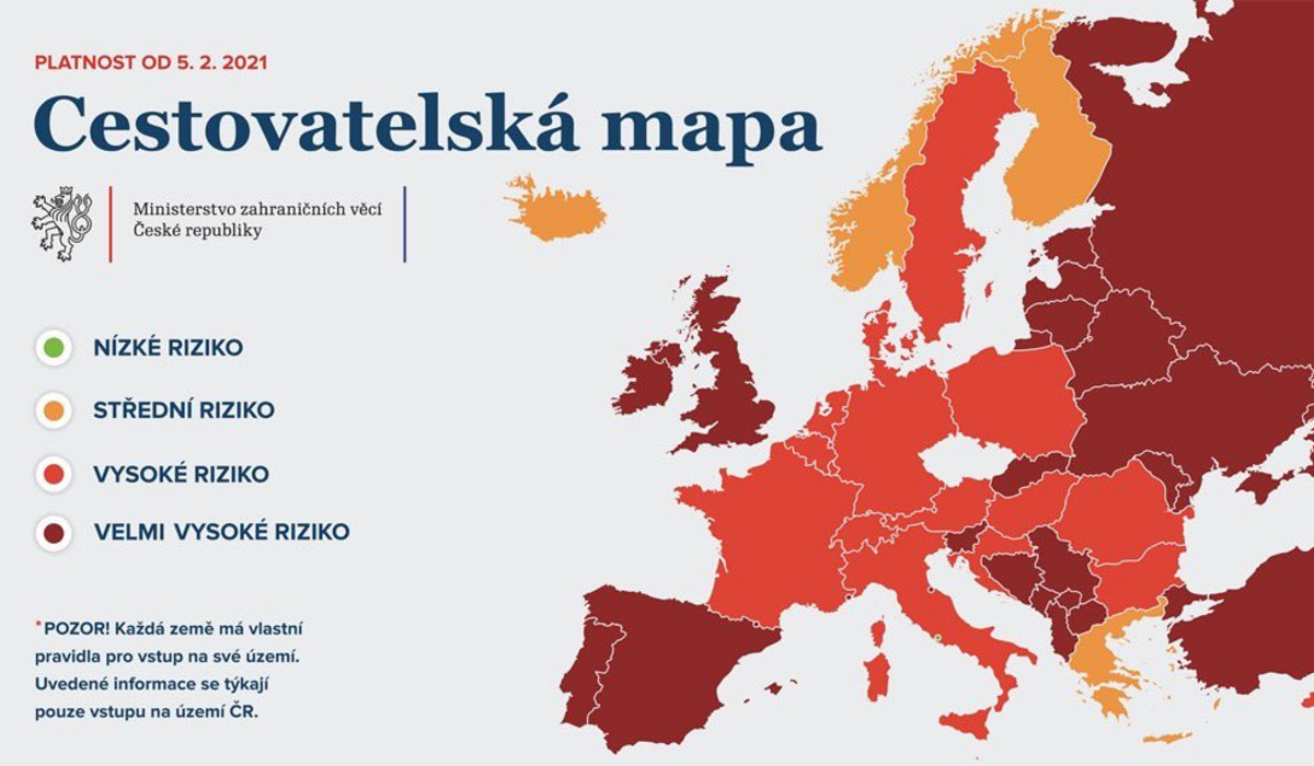 Czechy - oznacznie ryzyka zakażeń od 05 02 2021 (źródło: Twitter)