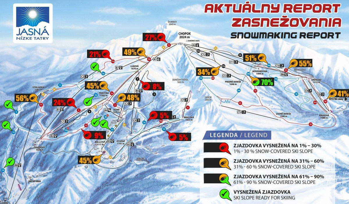Aktualny raport naśnieżania Jasna Chopok 17 12 2015 (źródło: TMR)