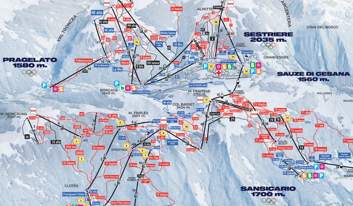 Sestiere mapa tras Mapa tras narciarskich z zaznaczonymi wyciągami i trasami w ośrodku Sestriere we Włoszech