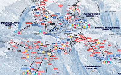 Mapa tras narciarskich z zaznaczonymi wyciągami i trasami w ośrodku Sestriere we Włoszech