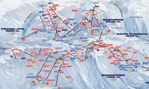 Mapa tras narciarskich z zaznaczonymi wyciągami i trasami w ośrodku Sestriere we Włoszech