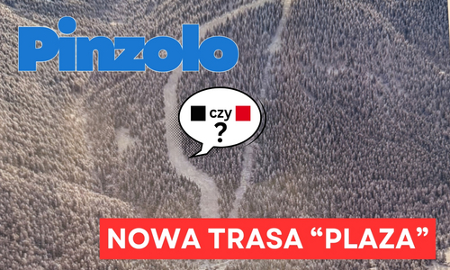 Pinzolo – Nowa trasa „Plaza”: czarna czy czerwona? Widok z góry na ośnieżony las z wijącą się trasą narciarską w Pinzolo; na grafice widoczny napis „Pinzolo” oraz wyróżniony komunikat „NOWA TRASA ‘PLAZA’” i dymek z pytaniem „czarna czy czerwona?”.