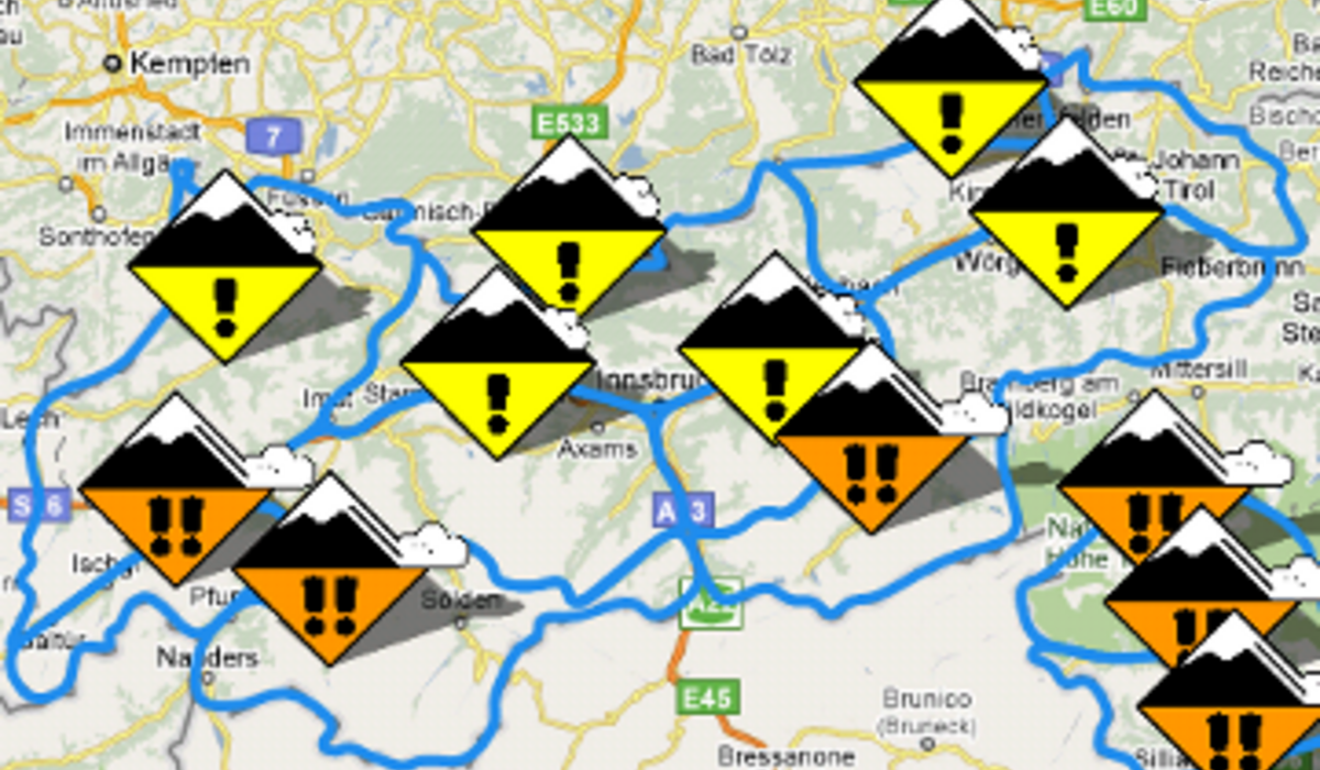 Mapa zagrożeń (źródło: snowsafe.at) Mapa zagrożeń (źródło: snowsafe.at)
