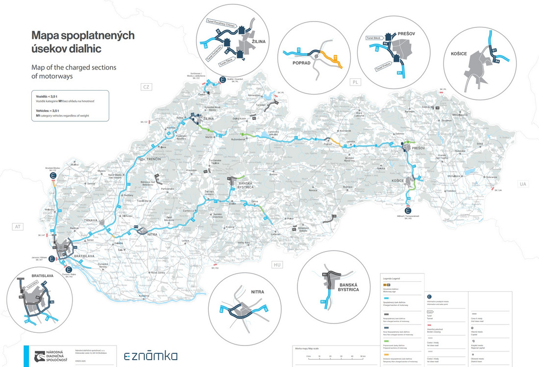 Mapa dróg na Słowacji objętych opłatami / stan na 11 2025