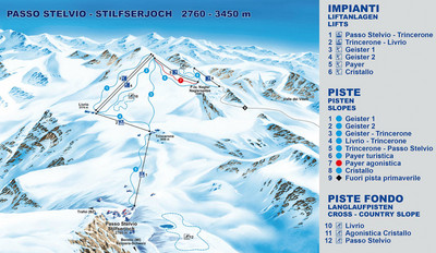 Mapa tras narciarskich na lodowcu Passo Stelvio Mapa tras narciarskich na lodowcu Passo Stelvio