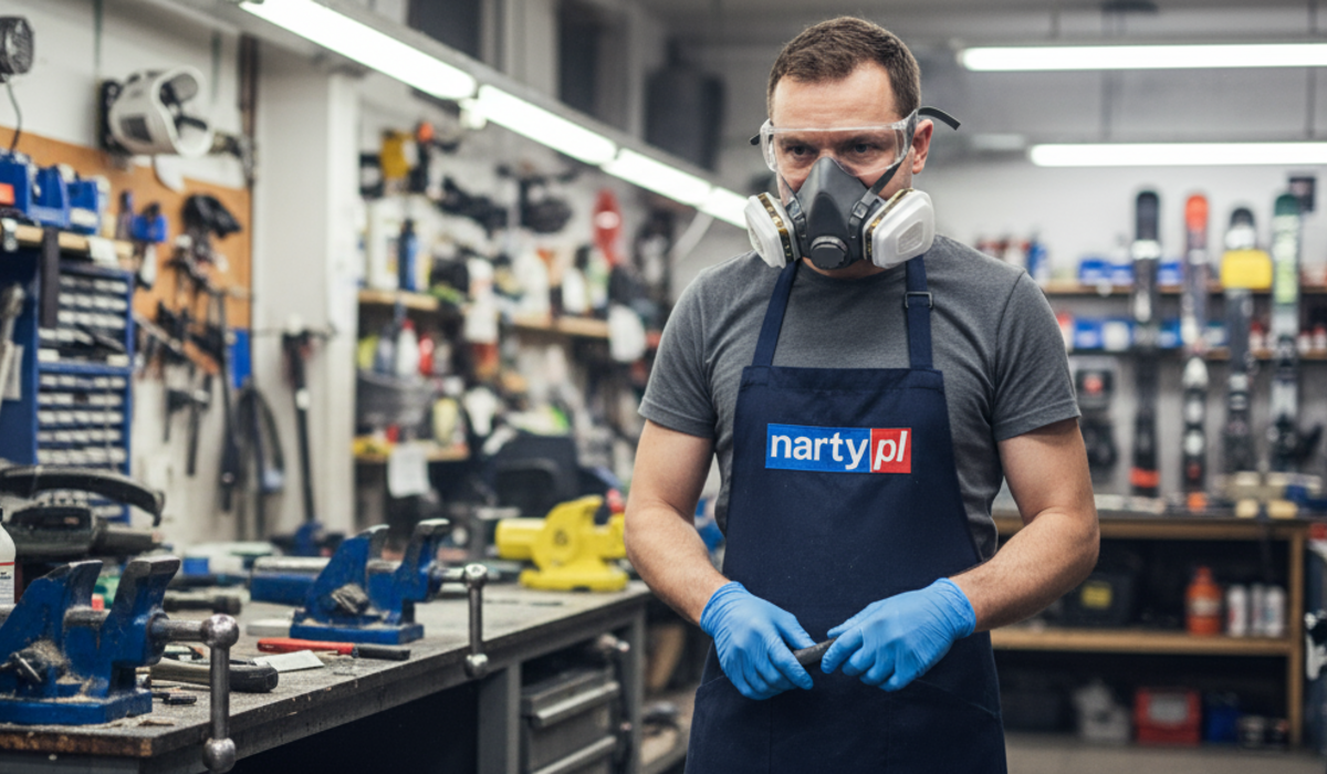 Prawidłowe zabezpieczenie serwisanta nart podczas smarowania smarem fluorowym / obraz generowany AI Serwisant nart szykujący się do smarowania nart, ubrany w półmaskę a2, okulary ochronne i rękawiczki nitrylowe