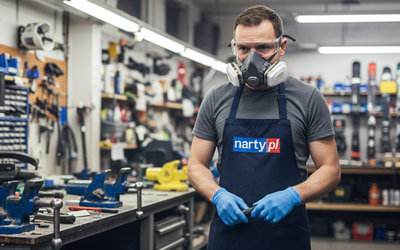 Serwisant nart szykujący się do smarowania nart, ubrany w półmaskę a2, okulary ochronne i rękawiczki nitrylowe