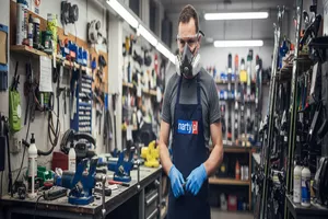 Serwisant nart szykujący się do smarowania nart, ubrany w półmaskę a2, okulary ochronne i rękawiczki nitrylowe