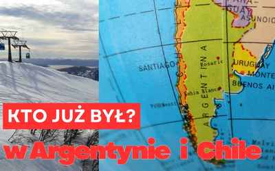 Narty w Argentynie i Chile – grafika z ośrodkiem narciarskim w Andach oraz mapą Ameryki Południowe