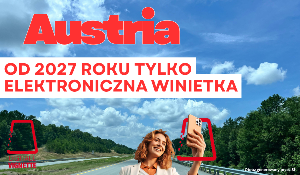 Austria rezygnuje z winiet naklejanych na szybę. Od 2027 roku tylko e-winieta / generowane SI Grafika ilustrująca artykuł Austria rezygnuje z winiet naklejanych na szybę. Od 2027 roku tylko e-winieta
