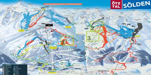 Mapa tras i wyciągów narciarskich w Soelden z zanaczonymi cyframi 1,2 i 3 nowymi wyciagami na sezon 2026/2027