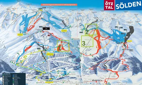 Sölden inwestuje w przyszłość: nowe wyciągi na sezon 2026/2027 Mapa tras i wyciągów narciarskich w Soelden z zanaczonymi cyframi 1,2 i 3 nowymi wyciagami na sezon 2026/2027