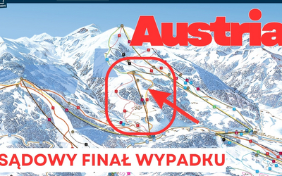 Sztukowana ilustracja i mapa trasy narciarskiej w Austrii (Hochkönig). Na tle ośnieżonych gór widoczny jest czerwony napis „Austria” oraz pętla zaznaczająca czerwoną obwódką i strzałką konkretny fragment trasy narciarskiej. Na dole grafiki znajduje się czerwony napis na białym tle: „SĄDOWY FINAŁ WYPADKU”.
