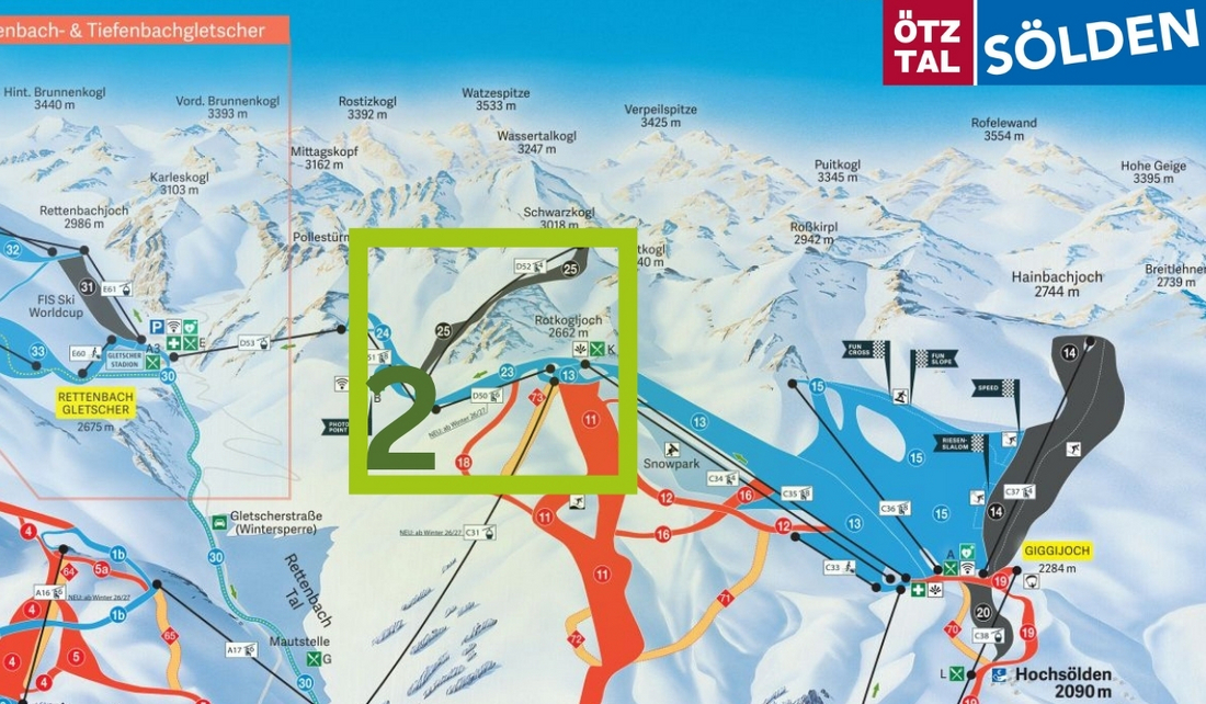 Mapa tras i wyciągów w Soleden z zanaczoną nową koleją  D50