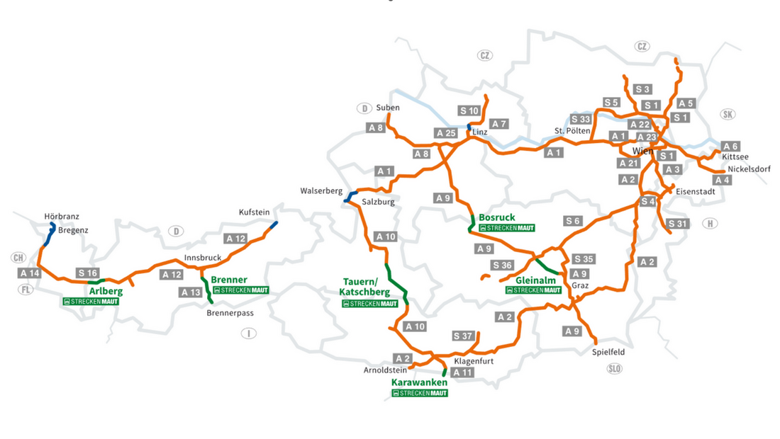 Mapa dróg dodatkowo płatnych w Austrii
