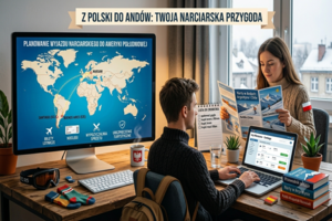 Realistyczna grafika przedstawiająca parę planującą wyjazd narciarski z Polski do Chile, wygenerowana przez Gemini