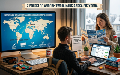 Realistyczna grafika przedstawiająca parę planującą wyjazd narciarski z Polski do Chile, wygenerowana przez Gemini