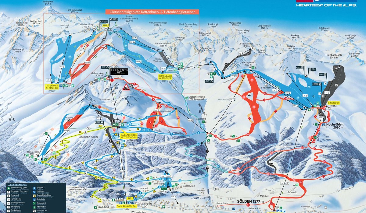 Mapa tras narciarskich Sölden - Ötztal, Austria - sezon 2025/2026 Panoramiczna mapa tras narciarskich Sölden w Ötztal (Austria) - widok obszarów Gaislachkogl, Giggijoch i lodowców Rettenbach oraz Tiefenbach z zaznaczonym nowym połączeniem pist 7 i 22, wyciągami i infrastrukturą ośrodka