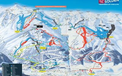 Panoramiczna mapa tras narciarskich Sölden w Ötztal (Austria) - widok obszarów Gaislachkogl, Giggijoch i lodowców Rettenbach oraz Tiefenbach z zaznaczonym nowym połączeniem pist 7 i 22, wyciągami i infrastrukturą ośrodka