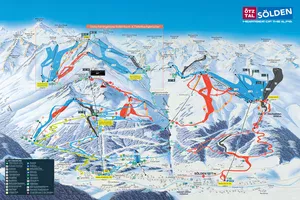 Panoramiczna mapa tras narciarskich Sölden w Ötztal (Austria) - widok obszarów Gaislachkogl, Giggijoch i lodowców Rettenbach oraz Tiefenbach z zaznaczonym nowym połączeniem pist 7 i 22, wyciągami i infrastrukturą ośrodka