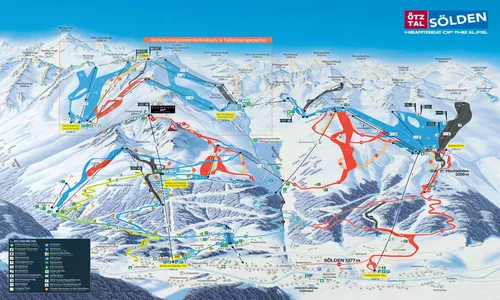 Mapa tras narciarskich Sölden - Ötztal, Austria - sezon 2025/2026 Panoramiczna mapa tras narciarskich Sölden w Ötztal (Austria) - widok obszarów Gaislachkogl, Giggijoch i lodowców Rettenbach oraz Tiefenbach z zaznaczonym nowym połączeniem pist 7 i 22, wyciągami i infrastrukturą ośrodka
