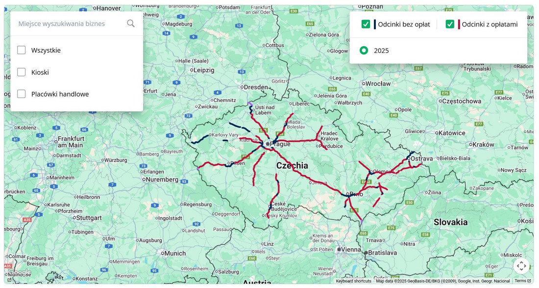 Mapa dróg w Czechach objętych opłatami / stan na 11 2025