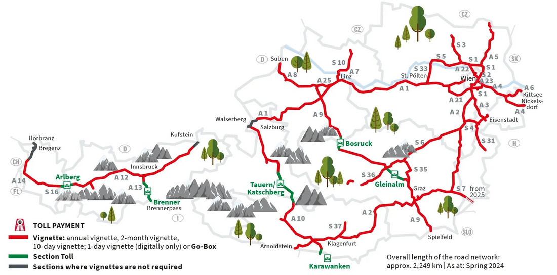Mapa dróg w Austrii objętych opłatami / stan na 11 2025