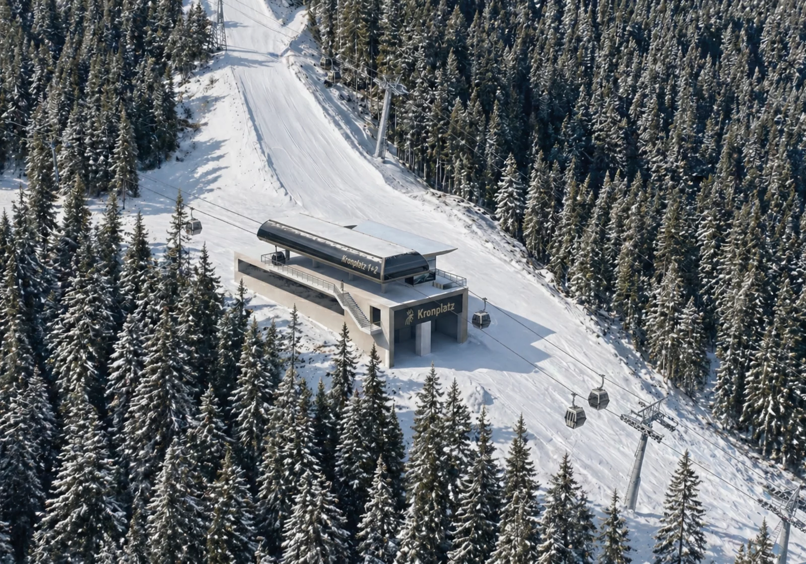 Wizualizacja stacji pośredniej i nowoczesnej gondoli Kronplatz 1 i 2 jadącej nad gęstym, zimowym lasem