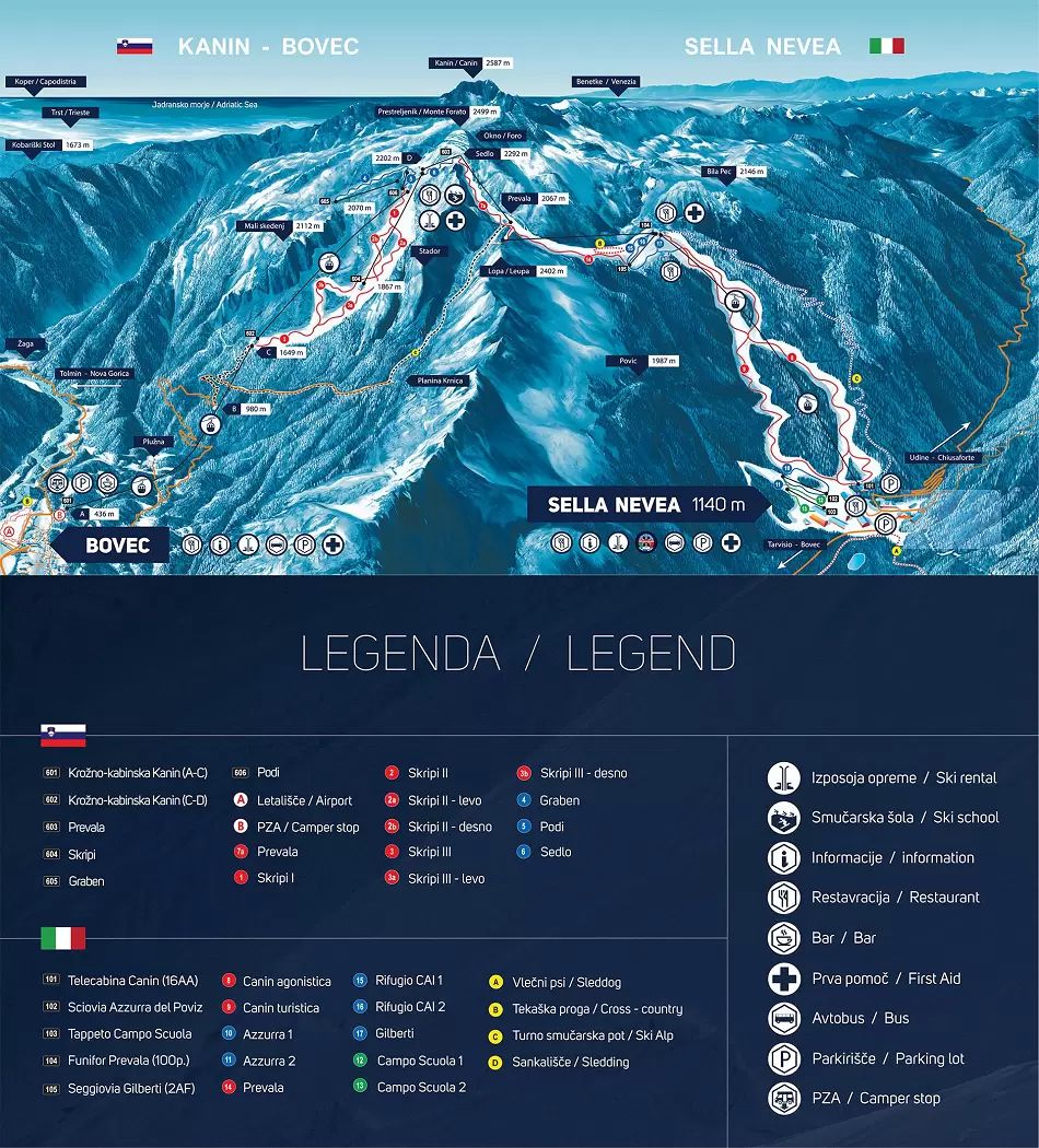 Mapa tras narciarskich w ośrodku Kanin - Sella Nevea Mapa tras narciarskich w ośrodku Kanin - Sella Nevea
